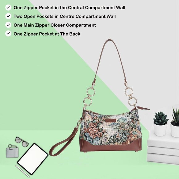 Women’s Botanical Pattern Tapestry Fabric Sling Shoulder Bag, Satchel Purse - Picture 4 of 8